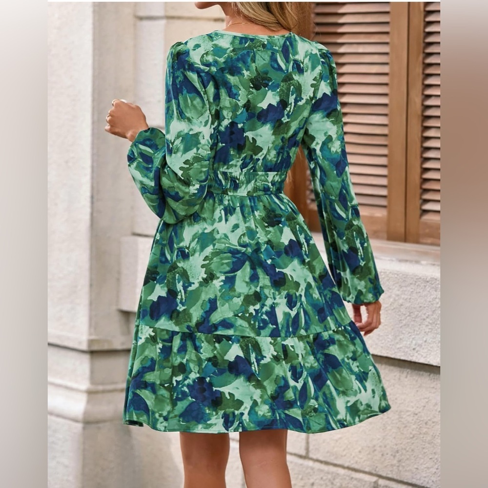 Floral Green and Blue Women's Dress - Picture 3 of 4